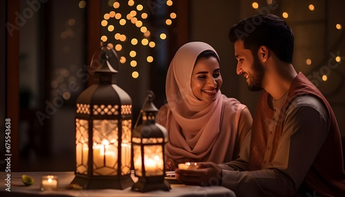 Muslim couple with Arabic lanterns during Ramadan celebrations