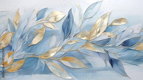 a painting of blue and gold leaves on a light blue and white background with a gold leaf design on the left side of the image.  generative ai