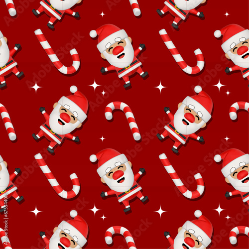 Christmas seamless pattern with 3d cartoon Santa Claus character and Christmas candy / sweets. Red background. Vector design.  (ID: 675544013)