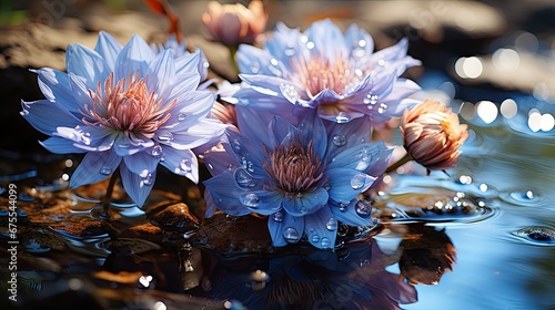  a group of water lilies floating on top of a body of water with drops of water on the petals. generative ai