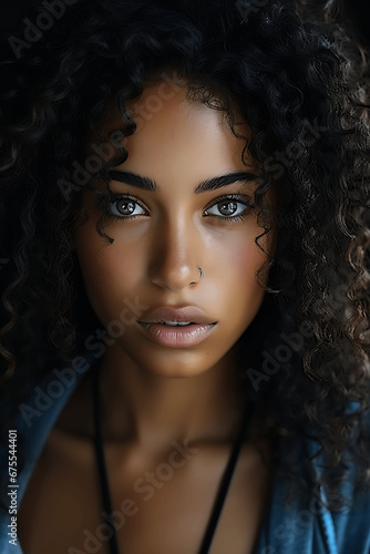 Retrato de una mujer de raza negra con pelo moreno y corto