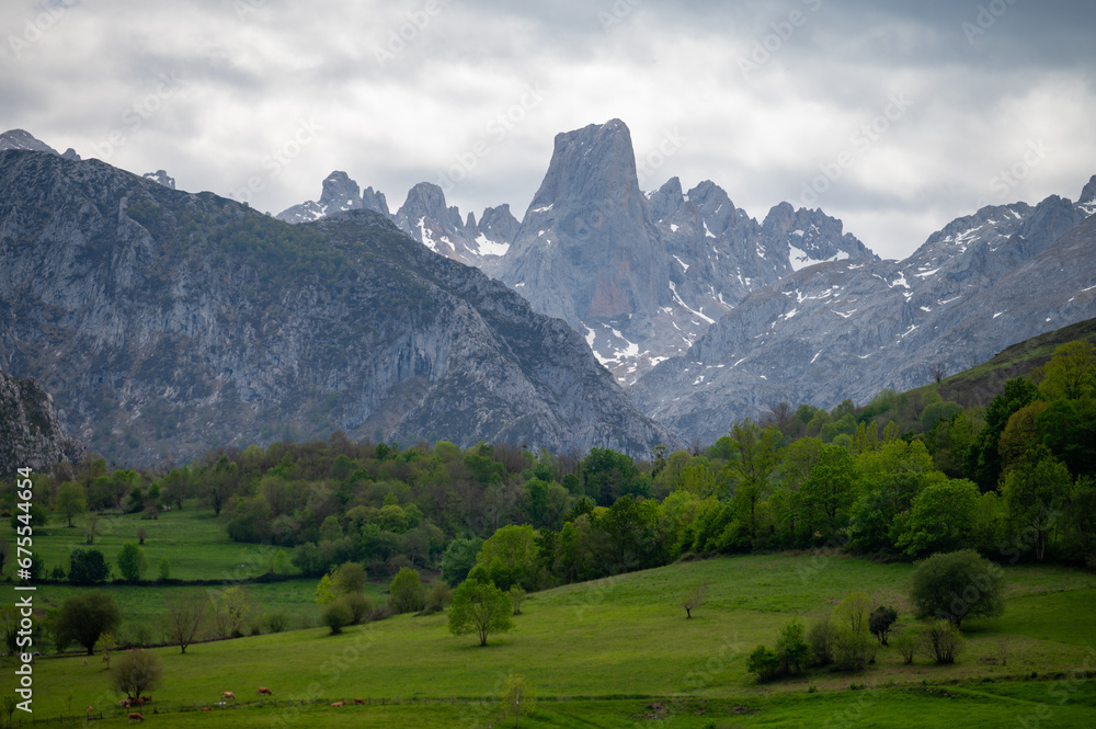Panoramic view on Naranjo de Bulnes or Picu Urriellu, limestone peak dating from Paleozoic Era, located in Macizo Central region of Picos de Europa, mountain range in Asturias, North Spain Panoramic view on Naranjo de Bulnes or Picu Urriellu, limestone peak dating from Paleozoic Era, located in Macizo Central region of Picos de Europa, mountain range in Asturias, North Spain