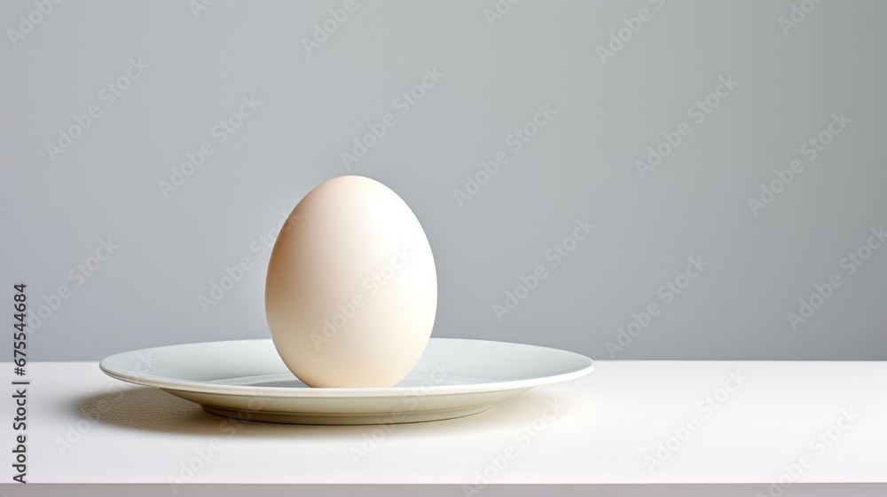 an egg sitting on top of a white plate on top of a white table with a gray wall in the background. generative ai an egg sitting on top of a white plate on top of a white table with a gray wall in the background. generative ai