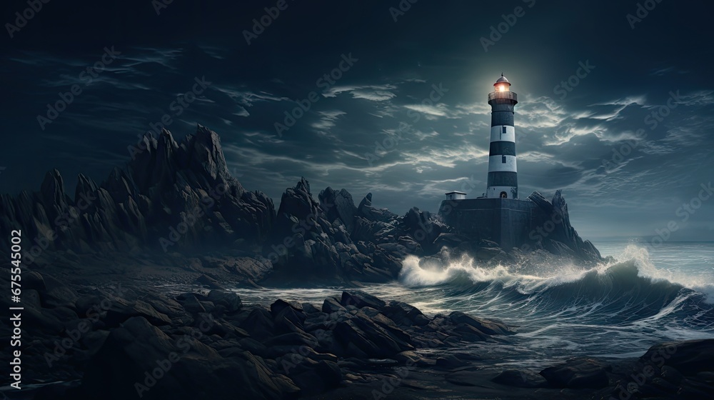  a lighthouse in the middle of a body of water with a full moon in the sky above it and rocks in the foreground.  generative ai