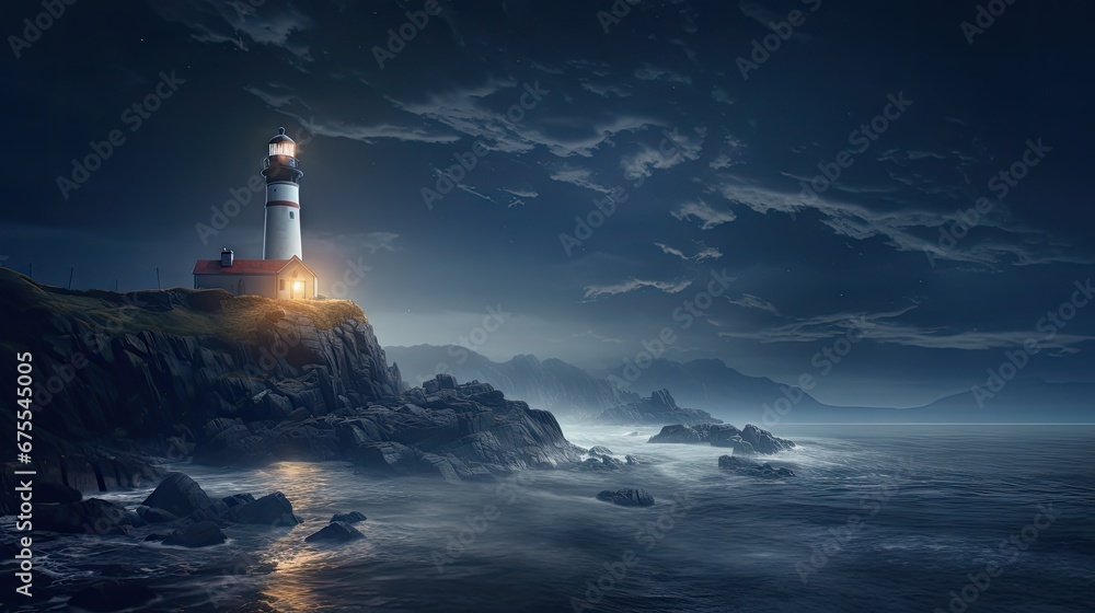 Naklejka premium a lighthouse in the middle of a body of water with a full moon in the sky above it and a full moon in the sky above it. generative ai
