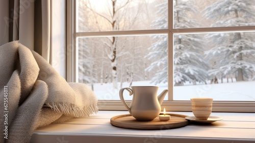 a steaming mug of hot coffee, an open book, and a warm blanket resting on the windowsill inside a modern minimalist cottage. The scene is complemented by a snowy landscape with snowdrifts outside.