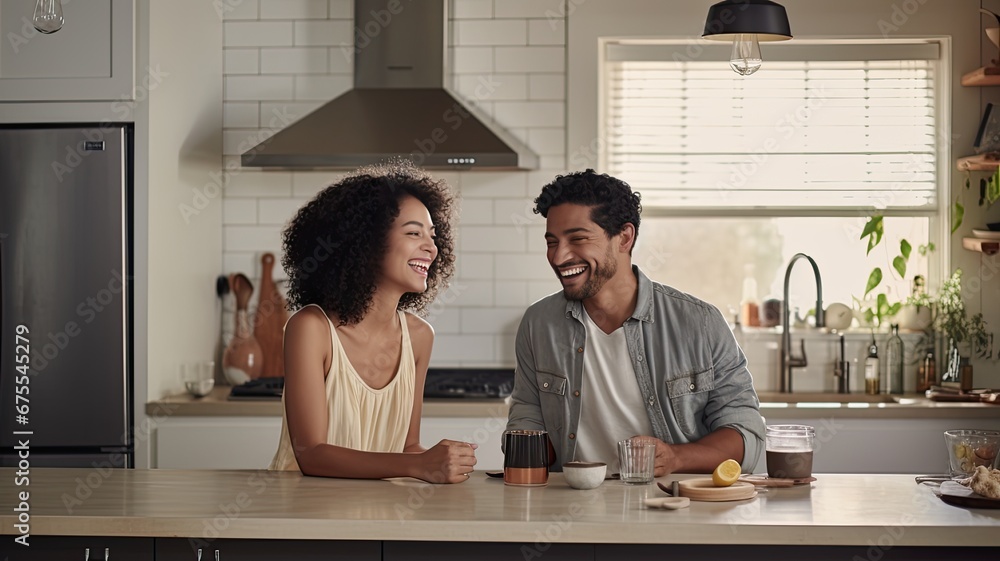 Pleasant family couple sitting looking at laptop screen. Happy young spouse web surfing, making purchases online or booking flight tickets. Pleasant family couple sitting looking at laptop screen. Happy young spouse web surfing, making purchases online or booking flight tickets.