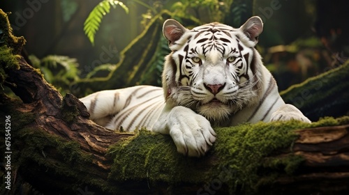 A White Bengal tiger lying on a moss-covered log, its eyes gleaming with a sense of mystery.