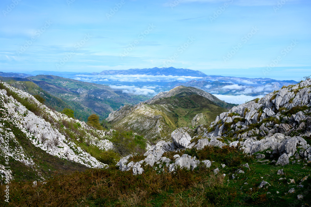 View from narrow mountain road from Cangas de Onis, Covadonga to remote mountain lakes Lagos de Covadonga, Picos de Europa mountains, Asturias, North of Spain
