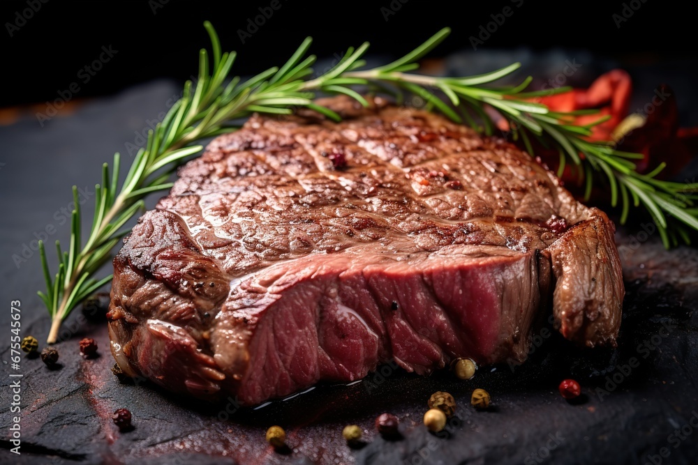 steak with rosemary sprigs and pepper on a black stone board