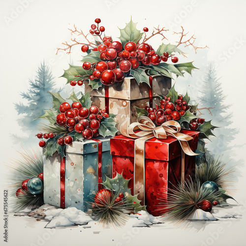 christmas decoration with gift boxes in watercolor painting style