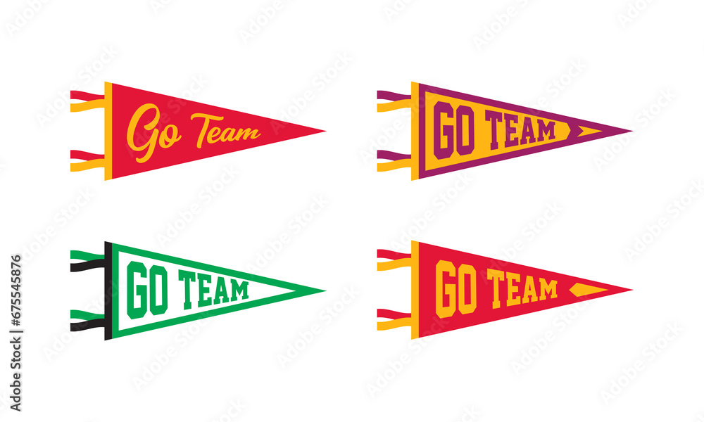 Go Team Pennant Flags Set. Vector Football pendant Icons. University USA Sport flag, isolated Go Team Pennant Flags Set. Vector Football pendant Icons. University USA Sport flag, isolated