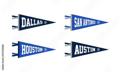 Dallas, San Antonio, Houston, Austin, Texas Football Pennant Flags Set. Vector Football pendant Icons. University USA Sport flag, isolated