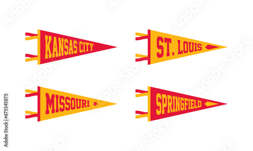 Kansas City, St. Louis, Missouri, Springfield Football Pennant Flags Set. Vector Football pendant Icons. University USA Sport flag, isolated