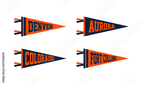 Denver, Aurora, Fort Collins, Colorado Football Pennant Flags Set. Vector Football pendant Icons. University USA Sport flag, isolated