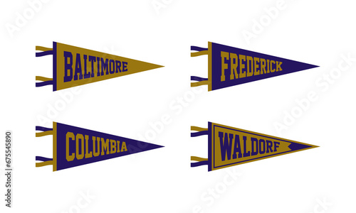 Baltimore, Columbia, Frederick, Waldorf, Ohio Football Pennant Flags Set. Vector Football pendant Icons. University USA Sport flag, isolated photo