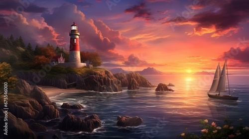  a painting of a lighthouse at sunset with a sailboat in the foreground and a sailboat in the foreground. generative ai