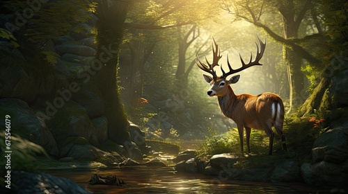  a deer standing in the middle of a forest with a stream running through the middle of it's forest. generative ai