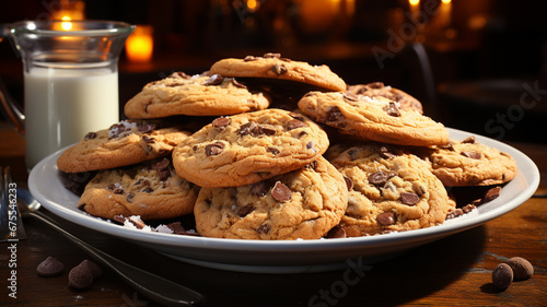 chocolate chip cookies on a tray and milk photo