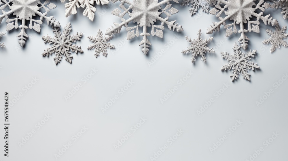 a delicate frame made of snowflakes in pastel gray tones, evoke a winter concept and be presented in a flat lay style with a top view, ample copy space to convey the holiday message. a delicate frame made of snowflakes in pastel gray tones, evoke a winter concept and be presented in a flat lay style with a top view, ample copy space to convey the holiday message.