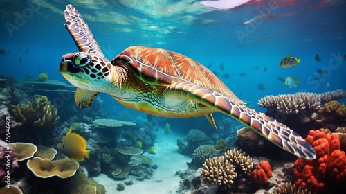 A wise-looking sea turtle gliding gracefully through the crystal-clear waters of a coral reef.