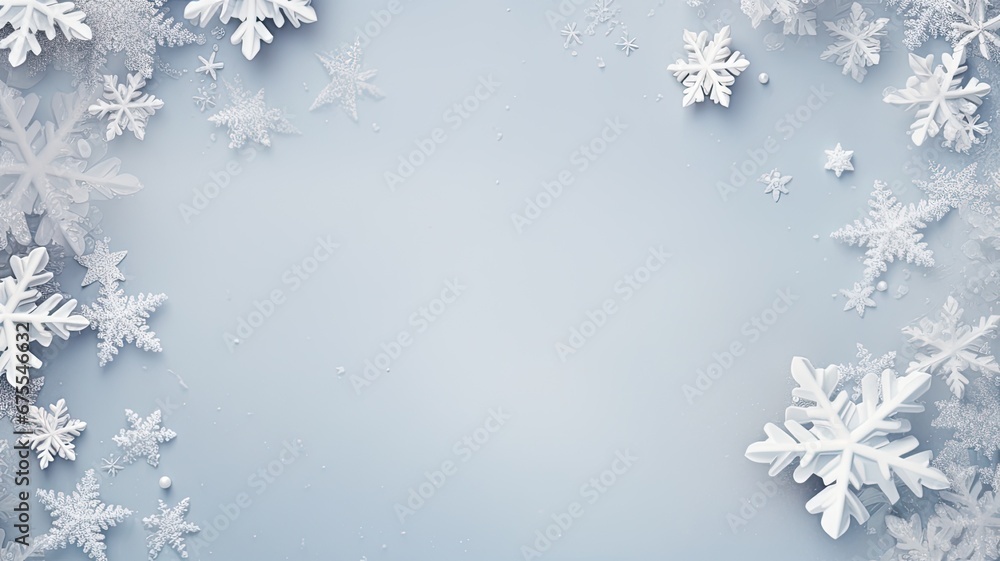 a delicate frame made of snowflakes in pastel gray tones, evoke a winter concept and be presented in a flat lay style with a top view, ample copy space to convey the holiday message. a delicate frame made of snowflakes in pastel gray tones, evoke a winter concept and be presented in a flat lay style with a top view, ample copy space to convey the holiday message.