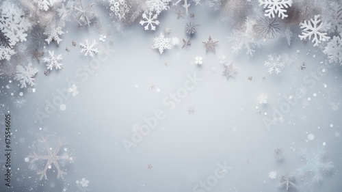 a delicate frame made of snowflakes in pastel gray tones  evoke a winter concept and be presented in a flat lay style with a top view  ample copy space to convey the holiday message.