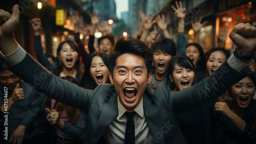group of happy people rejoicing in success and victory on the street