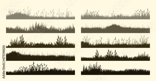 Meadow silhouettes with grass, plants on plain. Panoramic summer lawn landscape with herbs, various weeds. Herbal border, frame element. Brown horizontal banners. Vector illustration