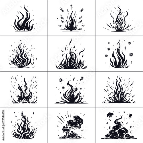 set of black and white fire elements