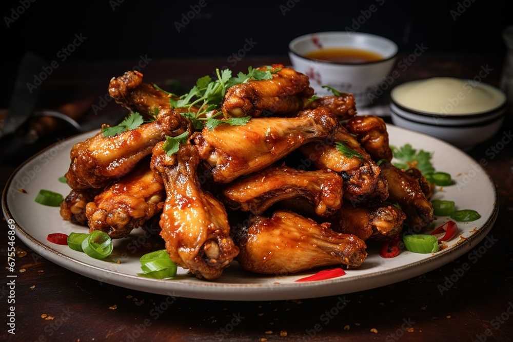 a plate containing chicken wings and sauce, fried chicken wings over an easy curry spice sauce. a plate containing chicken wings and sauce, fried chicken wings over an easy curry spice sauce.