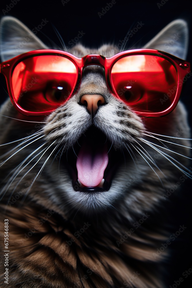 Shocked cat in red sunglasses. Humorously surprised cat captured with striking red sunglasses