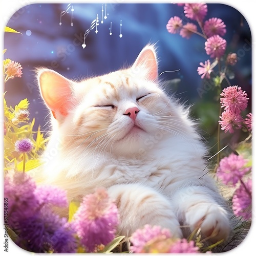 White cat relaxing among flowers. A cat's serene moment, lulled by the gentle tunes of nature among blossoms