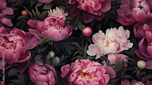 a close up of a bunch of flowers on a black background with pink and white flowers in the middle of the picture. generative ai