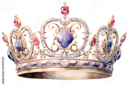 Watercolor illustration of Victorian royal crowns for a queen and princess, embellished with gold, precious gems, and diamonds. Isolated against a white background