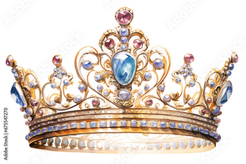 Illustration of opulent Victorian queen and princess crowns with gold, gemstones, and diamonds in a watercolor style. Isolated on a white background, capturing the essence of luxury, classic, and vint