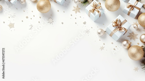 gift boxes adorned with ribbons alongside Christmas tree decorations, glistening balls, and sparkling snowflakes on a pristine white background, in flat style, top view, with ample copy space