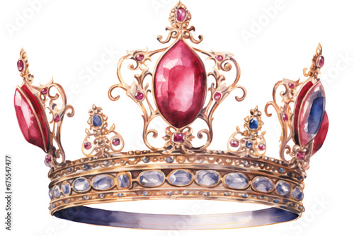 A luxurious watercolor depiction of queen and princess crowns from the Victorian era, embellished with gold, gemstones, and diamonds. Isolated on a white background, showcasing classic and vintage aes