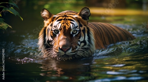 An Indochinese tiger taking a leisurely swim in a tranquil forest pond, creating ripples on the water's surface.