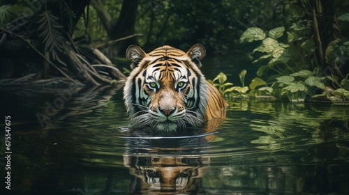 An Indochinese tiger taking a leisurely swim in a tranquil forest pond  creating ripples on the water s surface.