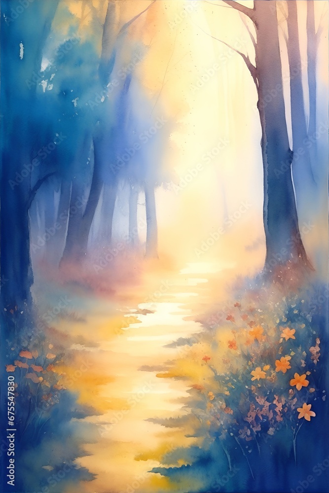Beautiful watercolor paint of rainy forest. AI genrated illustration
