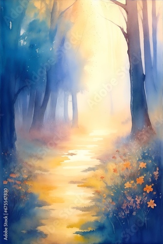 Beautiful watercolor paint of rainy forest. AI genrated illustration photo