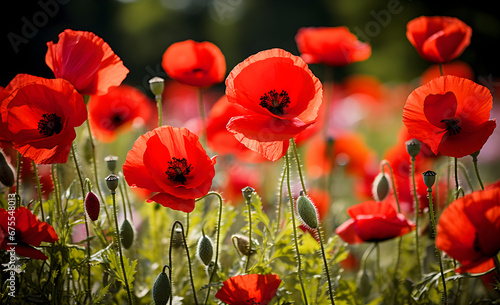 Sunlit poppy field with vibrant red petals and delicate buds  embodying the warm essence of summer.