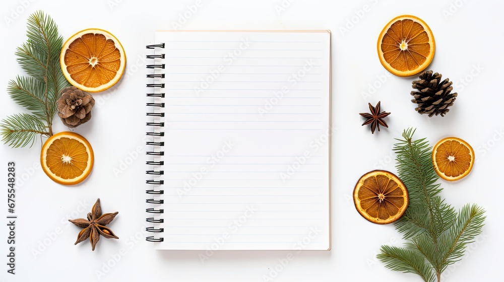 a blank open notebook placed alongside fragrant fir branches and rustic dried oranges, all set against a clean white background. a blank open notebook placed alongside fragrant fir branches and rustic dried oranges, all set against a clean white background.