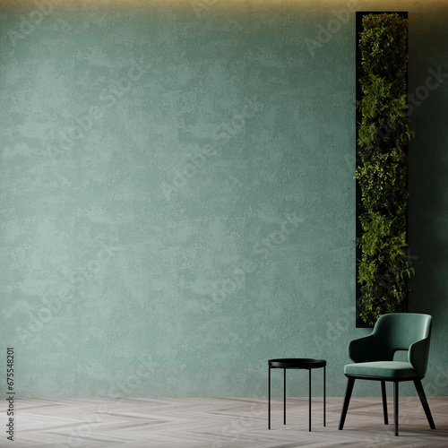 Fototapeta Naklejka Na Ścianę i Meble -  Luxury premium living room with green lounge armchair and black table. Textured microcement accent empty wall for art. Rich room interior design. Mockup space mint teal color background. 3d render