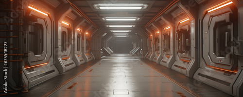 Sci Fi interior. White corridor, tunnel in spaceship or future building. photo