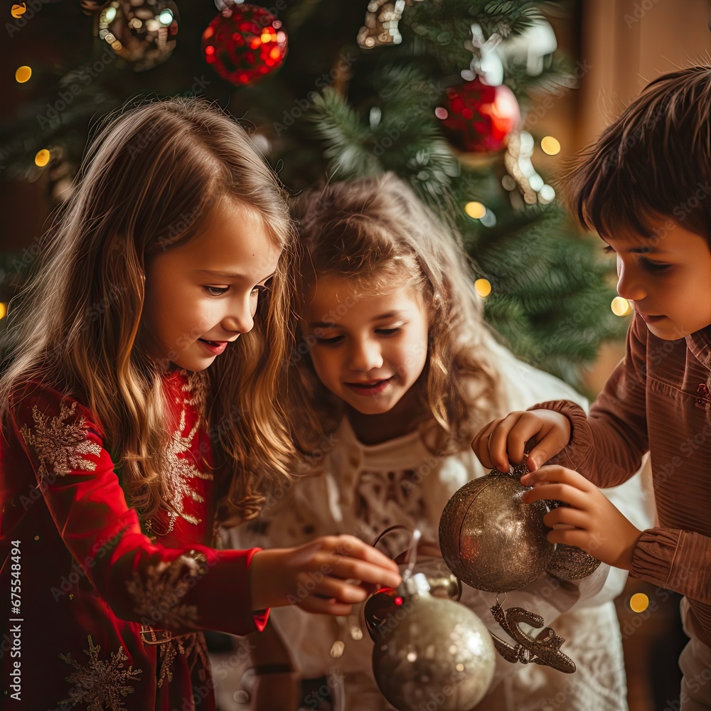 Children at Christmas with presents and Christmas tree