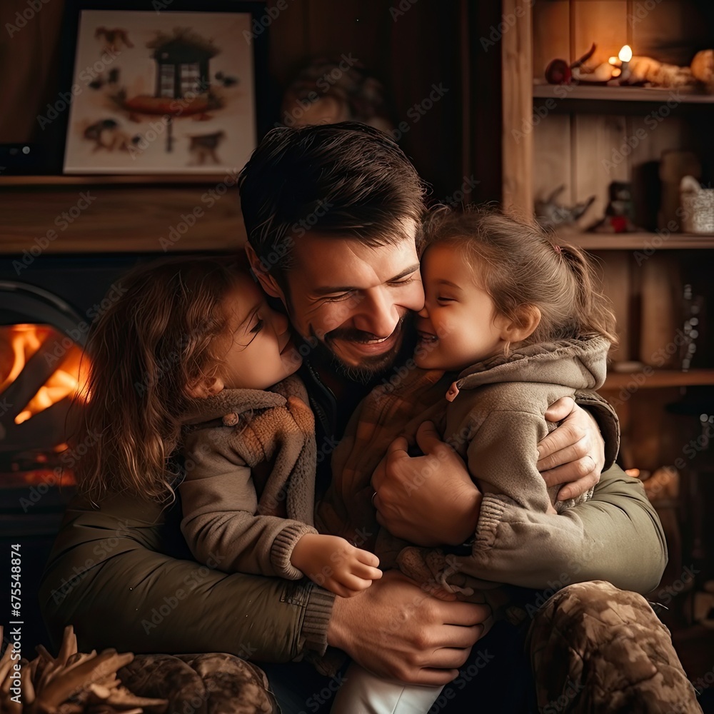 Father hugging children in a house Father hugging children in a house