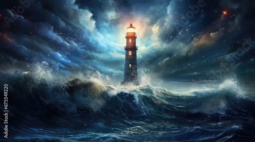  a painting of a lighthouse in the middle of a large body of water with a sky full of clouds behind it.  generative ai photo