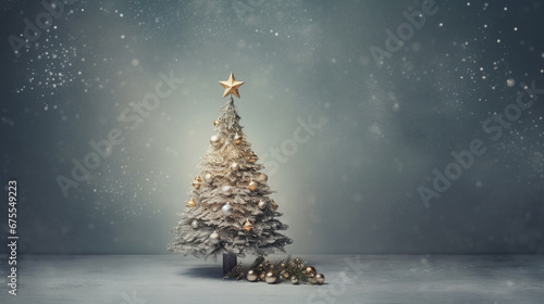 Miniature Silver Decorated Christmas Tree with Golden Glowing Lights Background Against a Gold/Gray Textured Backdrop - Faux Snowflakes Falling Effect with Copy Space - Xmas Concept